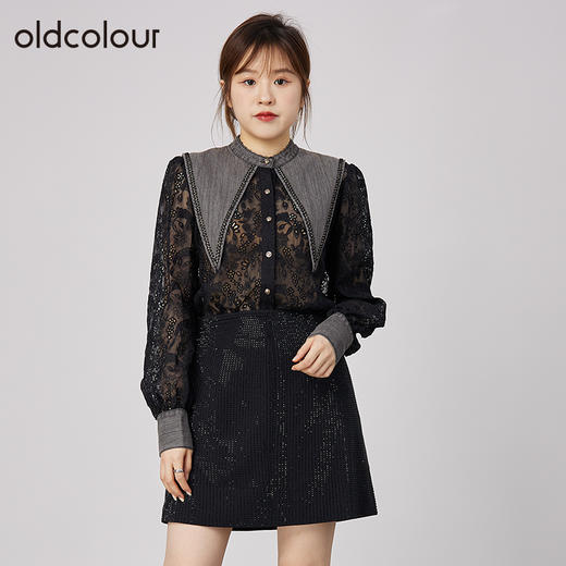 oldcolour2021秋商场同款牛仔领拼接蕾丝洋气时尚衬衫女N32013263 商品图3