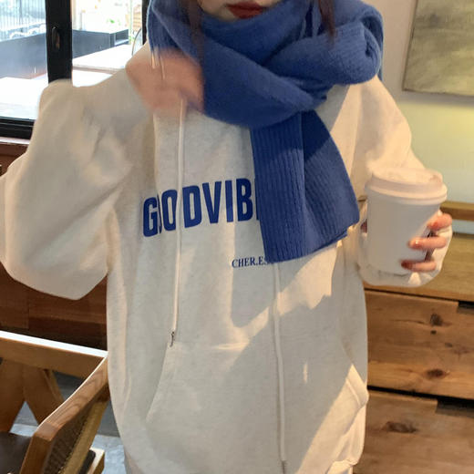 黛唯梵鱼鳞棉灰色连帽卫衣女ins潮秋冬薄款宽松字母印花外套女新款 商品图2