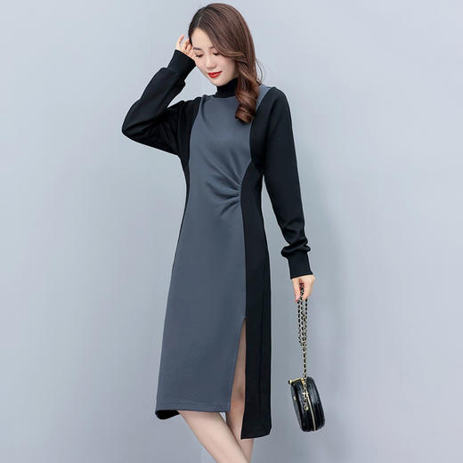 秋季通勤，中长款长袖高领拼接显瘦减龄连衣裙HR-HYGG8605 商品图5