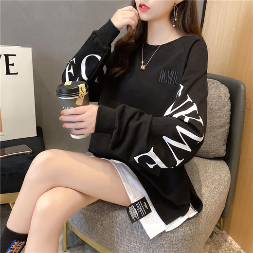 棉质 假两件卫衣女2021新款春秋薄款ins韩版假两件中长款 商品图3