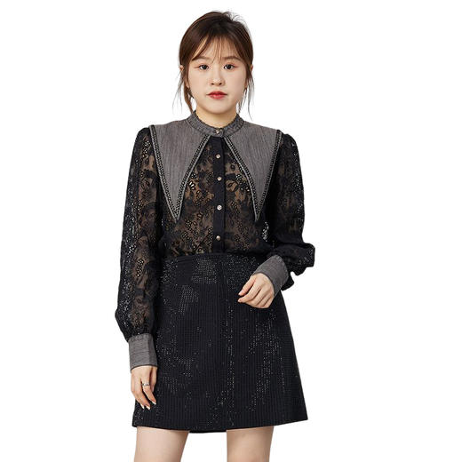 oldcolour2021秋商场同款牛仔领拼接蕾丝洋气时尚衬衫女N32013263 商品图4