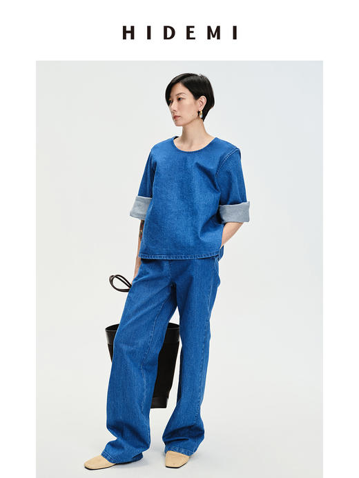 HIDEMI “重塑单宁”可再生环保牛仔系列圆领廓形上衣 商品图1
