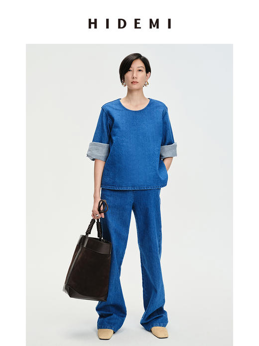 HIDEMI “重塑单宁”可再生环保牛仔系列圆领廓形上衣 商品图3