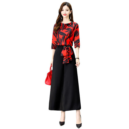 秋季新款时尚休闲套装女印花衬衫阔腿裤显瘦气质两件套HR-WH82259 商品图4