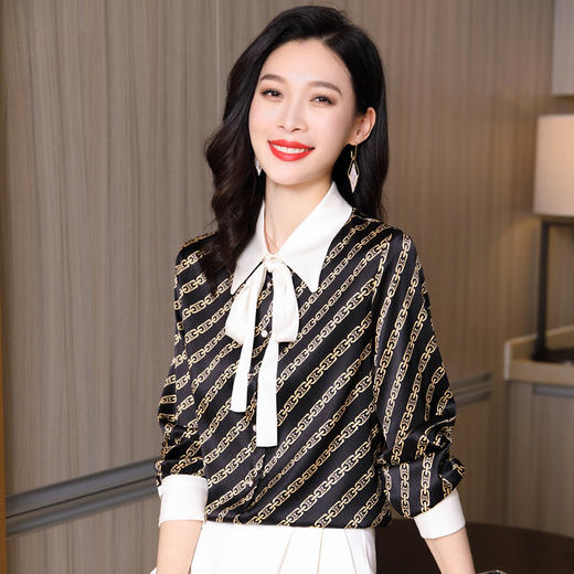 ASE-3555时尚条纹优雅潮流立领百塔女士衬衫 商品图1