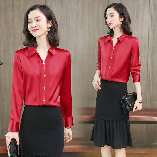 ASE-L6628重磅真丝衬衫女秋季新款V领百搭港风设计感小众桑蚕丝衬衣女 商品图1