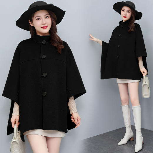 新款复古风，立领单排扣纯色皮扣毛呢外套斗篷式大衣HR-YJLY2235 商品图3