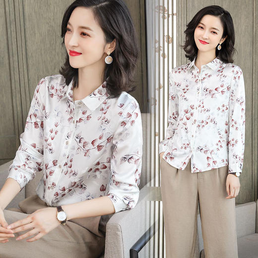 ASE-L6616重磅真丝衬衫女桑蚕丝早秋薄款上衣宽松时尚洋气印花长袖衬衣 商品图1