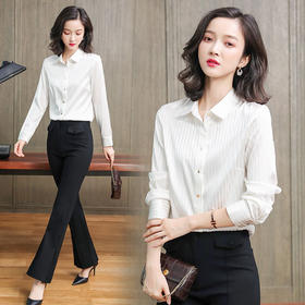 ASE-L6631竖条纹真丝缎面衬衫女士长袖2021秋装新款宽松立领重磅桑蚕丝上衣