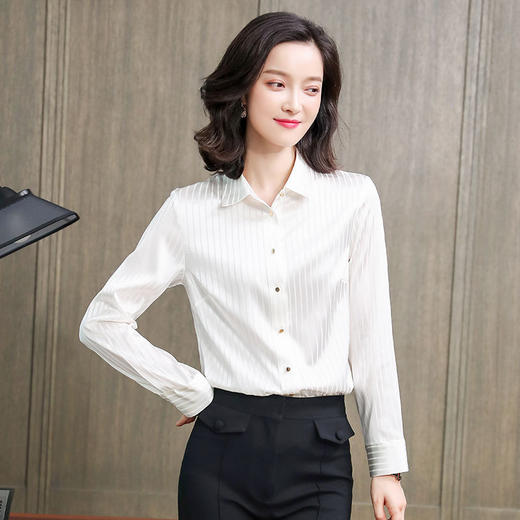 ASE-L6631竖条纹真丝缎面衬衫女士长袖2021秋装新款宽松立领重磅桑蚕丝上衣 商品图2