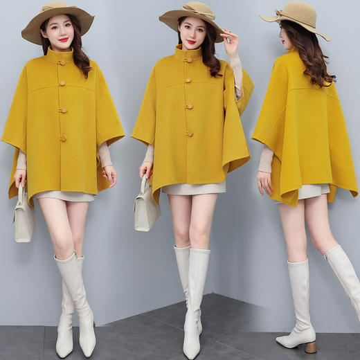 新款复古风，立领单排扣纯色皮扣毛呢外套斗篷式大衣HR-YJLY2235 商品图0