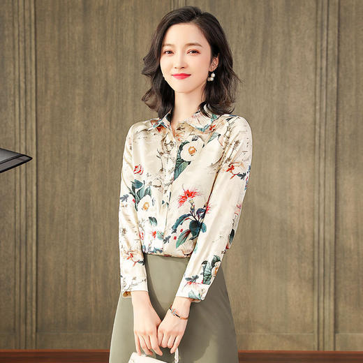 ASE-L6616重磅真丝衬衫女桑蚕丝早秋薄款上衣宽松时尚洋气印花长袖衬衣 商品图3