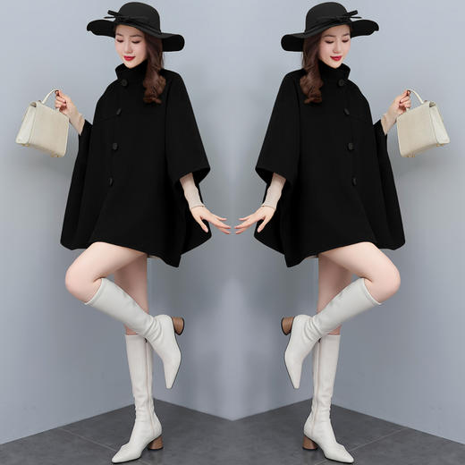 新款复古风，立领单排扣纯色皮扣毛呢外套斗篷式大衣HR-YJLY2235 商品图1