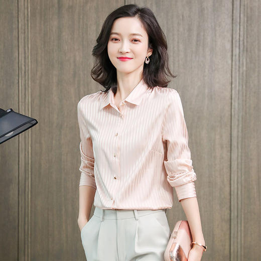 ASE-L6631竖条纹真丝缎面衬衫女士长袖2021秋装新款宽松立领重磅桑蚕丝上衣 商品图4