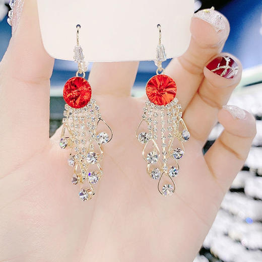 JU-A7132夏季新款日韩气质法式感水滴耳饰 红色锆石耳环韩版名媛耳坠 商品图3
