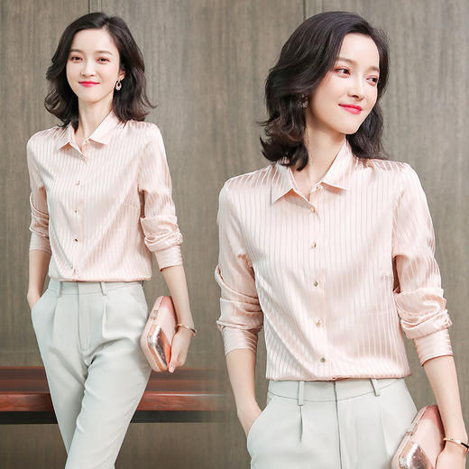 ASE-L6631竖条纹真丝缎面衬衫女士长袖2021秋装新款宽松立领重磅桑蚕丝上衣 商品图1