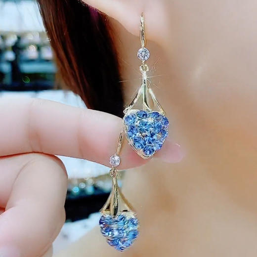 JU-A23011法式新款闪蓝色满钻爱心耳环韩国网红小众设计感时尚气质耳钩饰 商品图2