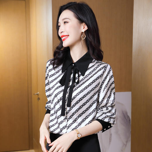 ASE-3555时尚条纹优雅潮流立领百塔女士衬衫 商品图2