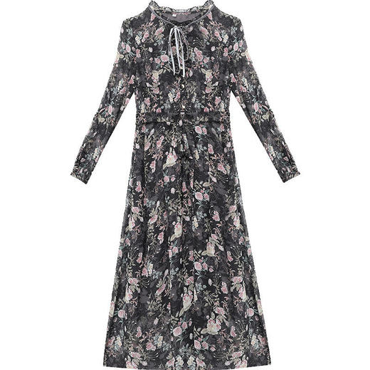 QYM-XQD-X9117-L新款时尚优雅气质修身圆领长袖中长款印花连衣裙 商品图4