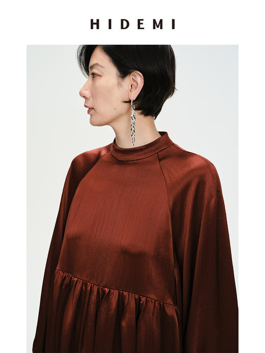 HIDEMI 温莎酒红醋酸两穿式褶皱下摆设计感连衣裙 商品图9