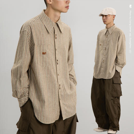 CryingCenter 椰咖灰条纹 洗水棉麻宽松长袖衬衫 哭喊中心 商品图0