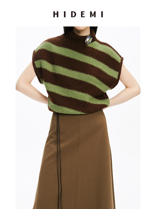 HIDEMI 美利奴羊毛粗花针斜条纹立领廓形落肩马夹 菠萝绿/香芋紫 商品图5