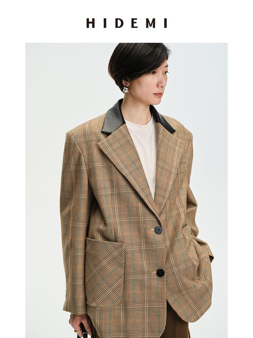 HIDEMI 格纹色织羊毛皮领拼接廓形极简西装 商品图5