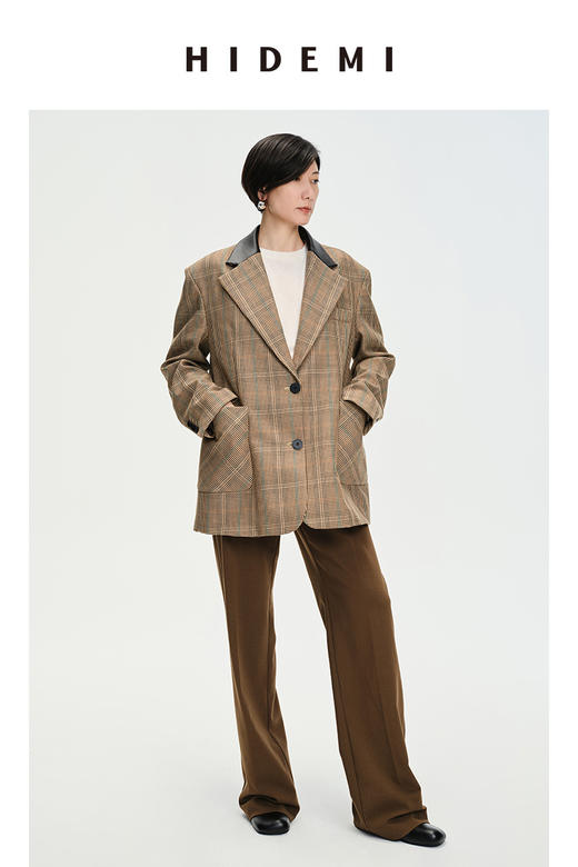 HIDEMI 格纹色织羊毛皮领拼接廓形极简西装 商品图0