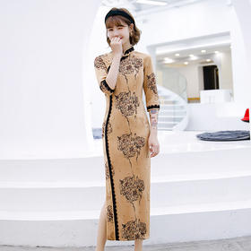 ZAYS-529新款秋冬麂皮绒蕾丝边长旗袍日常演出走秀大码七分袖改良旗袍