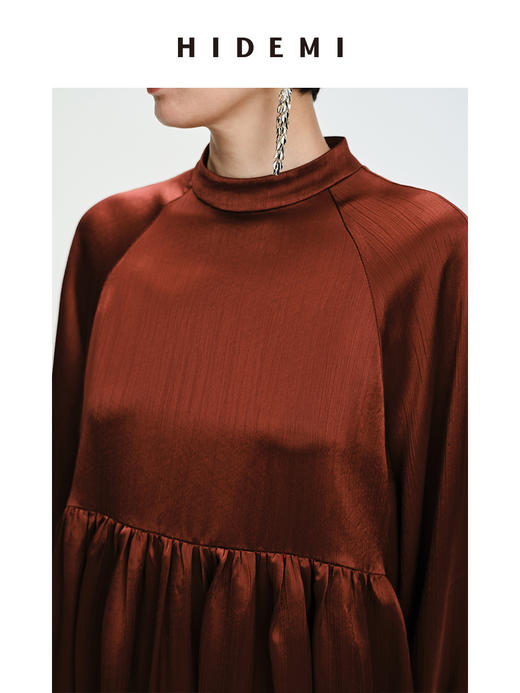 HIDEMI 温莎酒红醋酸两穿式褶皱下摆设计感连衣裙 商品图10