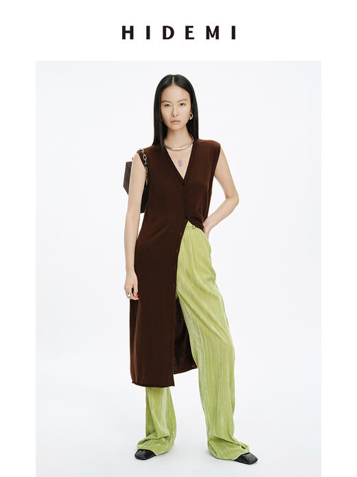 HIDEMI 美利奴羊毛V领长款马甲 深咖啡色/铜军绿 商品图7