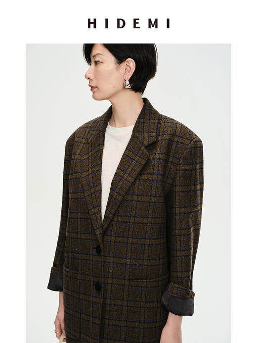 HIDEMI 格纹羊毛廓形极简口袋西装外套 商品图5