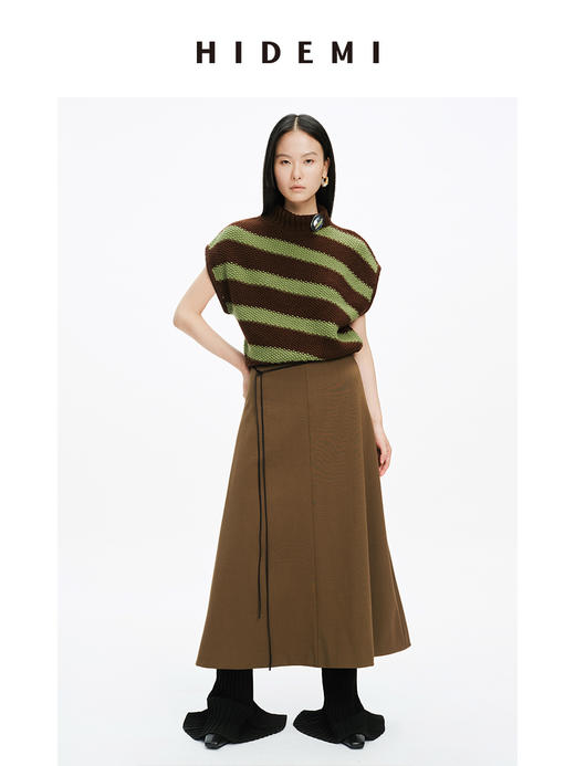 HIDEMI 美利奴羊毛粗花针斜条纹立领廓形落肩马夹 菠萝绿/香芋紫 商品图2