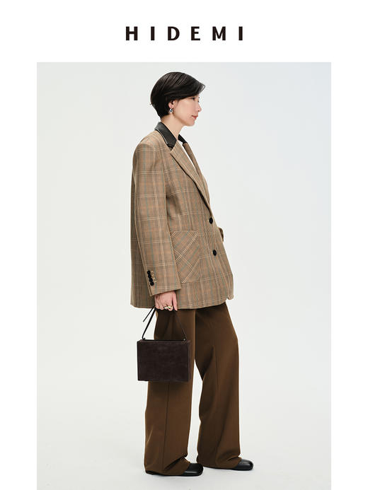 HIDEMI 格纹色织羊毛皮领拼接廓形极简西装 商品图2