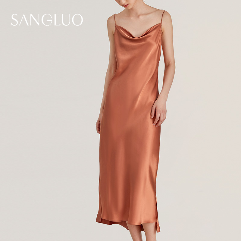 SANGLUO睡裙法式荡领吊带长裙Slipdress桑蚕丝礼服裙外穿