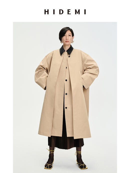 HIDEMI 皮领拼接极简廓形两件式多穿风衣大衣 商品图0
