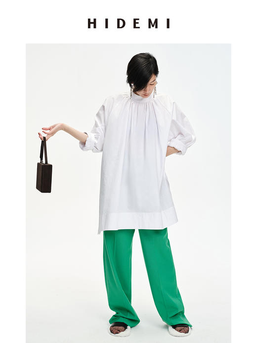 HIDEMI 褶皱花苞极简廓形两穿中长款衬衫 白色/巧克力色 商品图0
