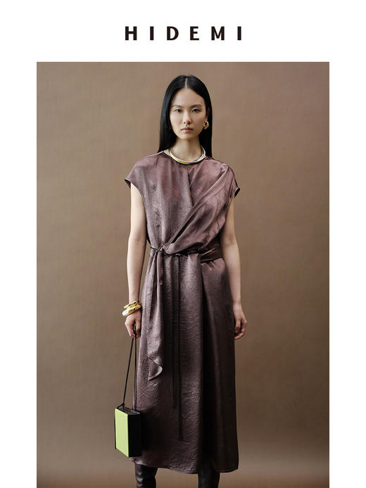 HIDEMI 波纹微褶醋酸绑带设计感连衣裙 商品图1