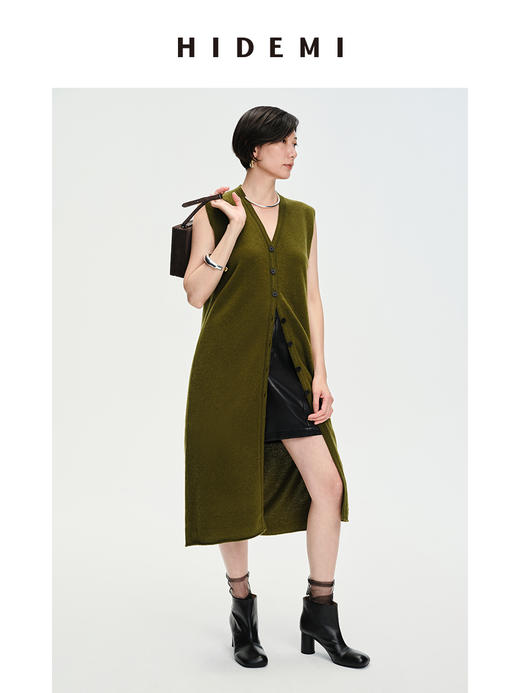 HIDEMI 美利奴羊毛V领长款马甲 深咖啡色/铜军绿 商品图4