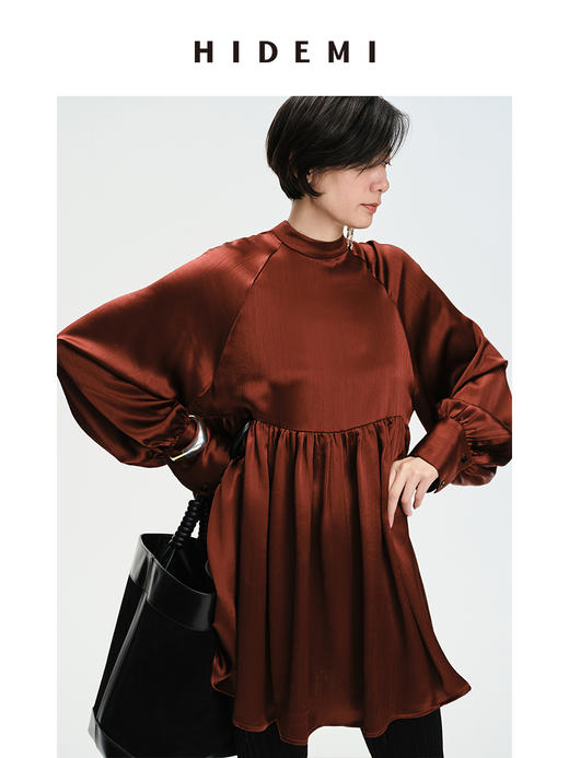 HIDEMI 温莎酒红醋酸两穿式褶皱下摆设计感连衣裙 商品图11