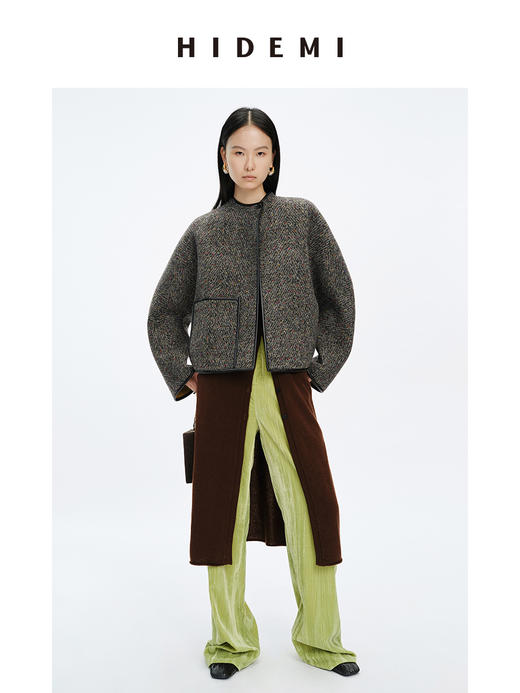 HIDEMI 人字提花双面双色羊毛皮边镶嵌一粒扣廓形短大衣外套 商品图3