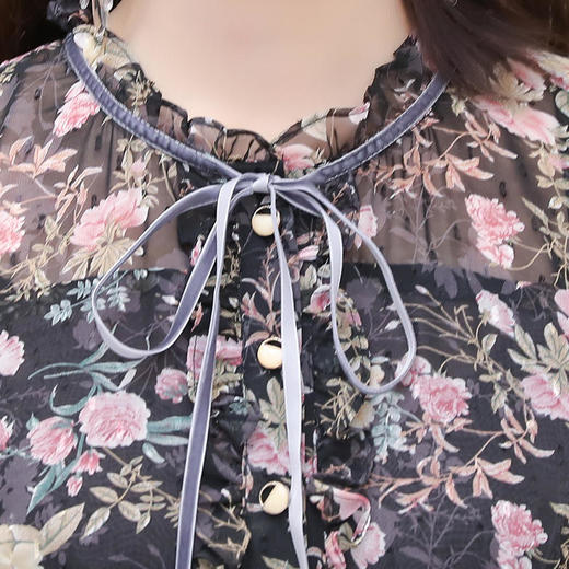 QYM-XQD-X9117-L新款时尚优雅气质修身圆领长袖中长款印花连衣裙 商品图3