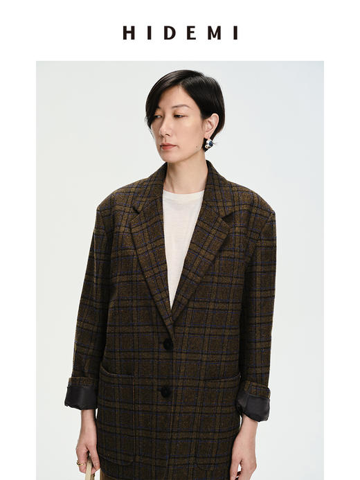 HIDEMI 格纹羊毛廓形极简口袋西装外套 商品图3