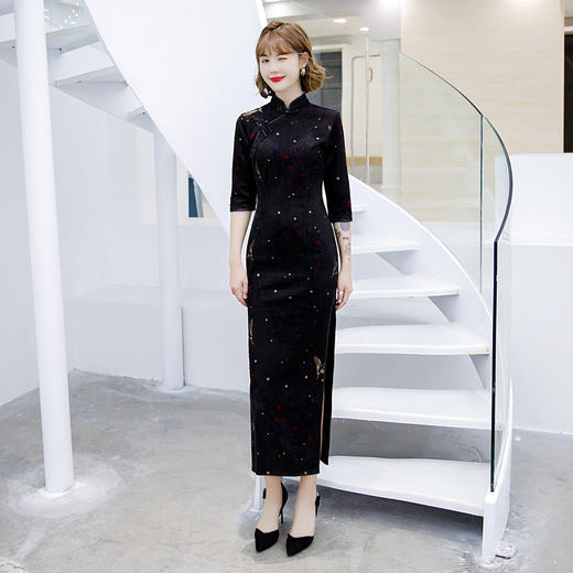 ZAYS-529新款秋冬麂皮绒蕾丝边长旗袍日常演出走秀大码七分袖改良旗袍 商品图4