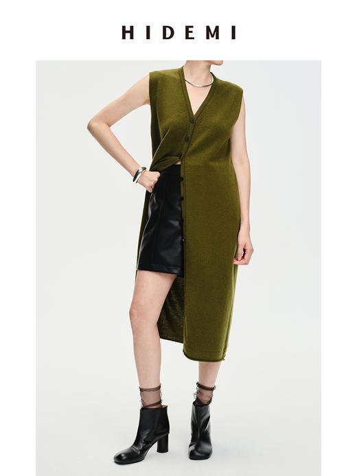 HIDEMI 美利奴羊毛V领长款马甲 深咖啡色/铜军绿 商品图1