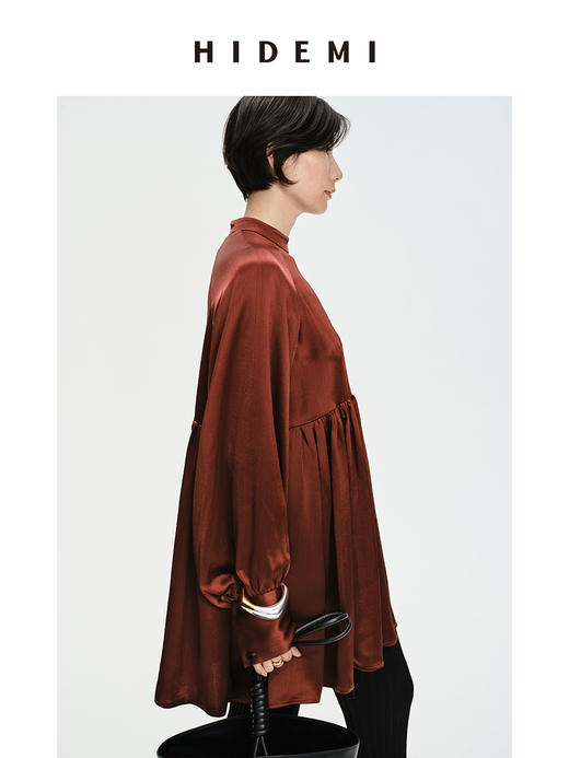 HIDEMI 温莎酒红醋酸两穿式褶皱下摆设计感连衣裙 商品图6