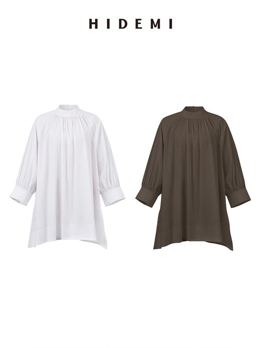 HIDEMI 褶皱花苞极简廓形两穿中长款衬衫 白色/巧克力色 商品图7