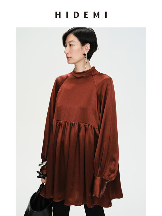 HIDEMI 温莎酒红醋酸两穿式褶皱下摆设计感连衣裙 商品图8