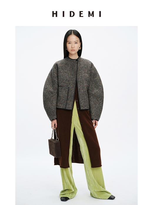 HIDEMI 人字提花双面双色羊毛皮边镶嵌一粒扣廓形短大衣外套 商品图1