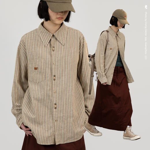 CryingCenter 椰咖灰条纹 洗水棉麻宽松长袖衬衫 哭喊中心 商品图3